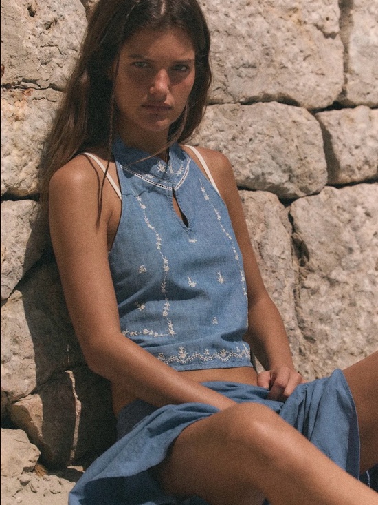 Zara Tops - Zara Denim-Look Embroidered Top
